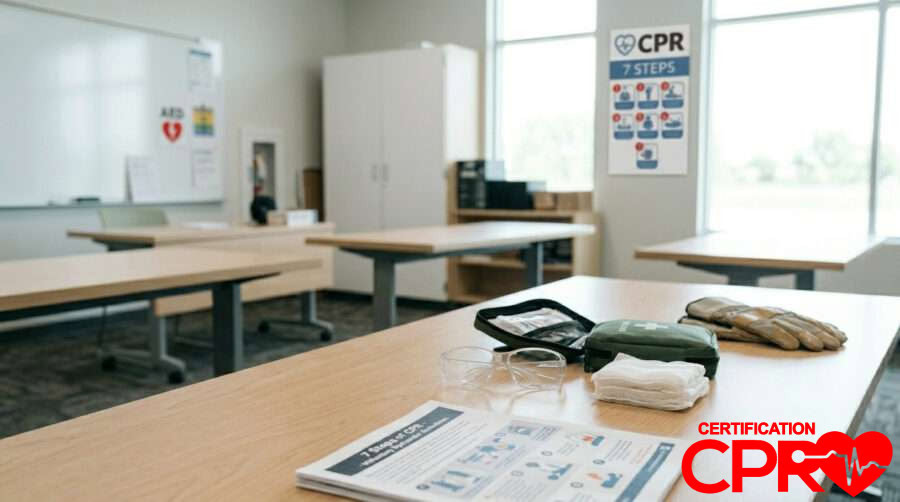 CPR training setup with manikins and instructional materials in Durham.