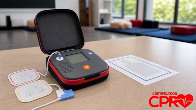 AED trainer and electrode pads for practicing voice prompts in a CPR classroom in Durham.