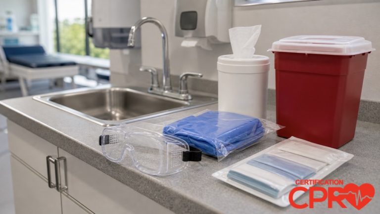 Bloodborne pathogens exposure control supplies for healthcare worker training in Durham.