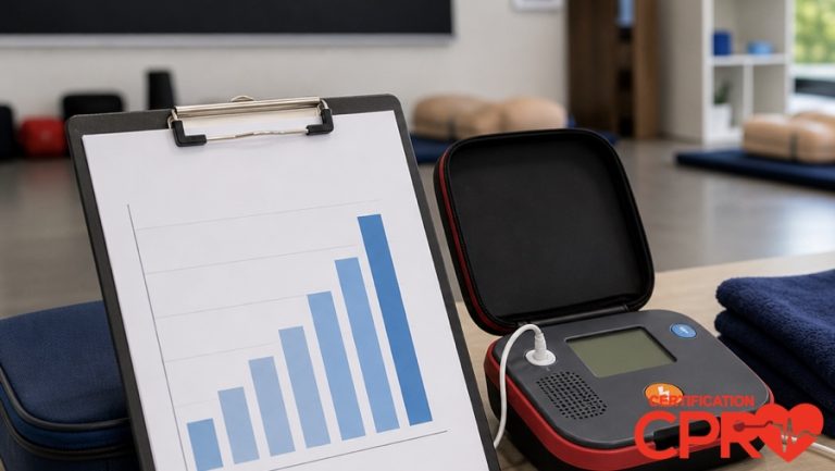CPR statistics chart with AED trainer in a CPR classroom in Durham.