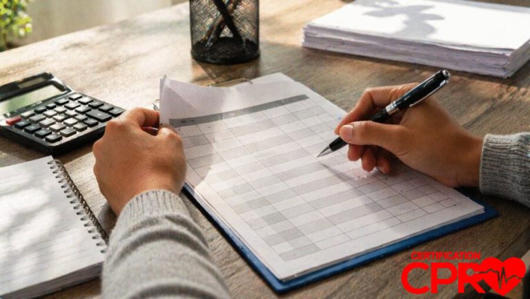Person filling out a form for CPR certification in Durham, North Carolina.