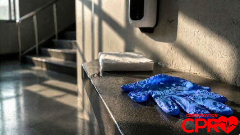 CPR training gloves and mask on a training station in Durham.