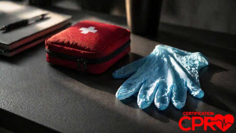 First aid kit and gloves for CPR certification and training in Durham.