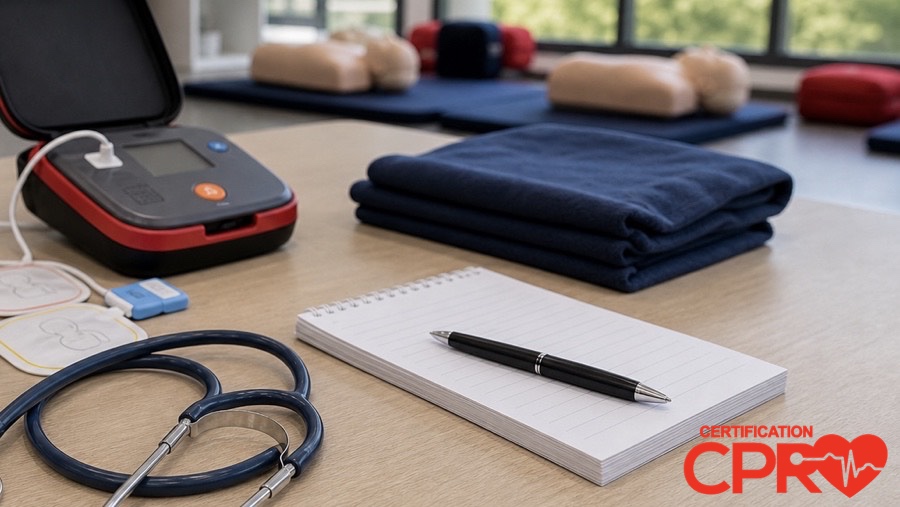 AED trainer, stethoscope, and CPR classroom supplies for an article on heart attack versus cardiac arrest in Durham.