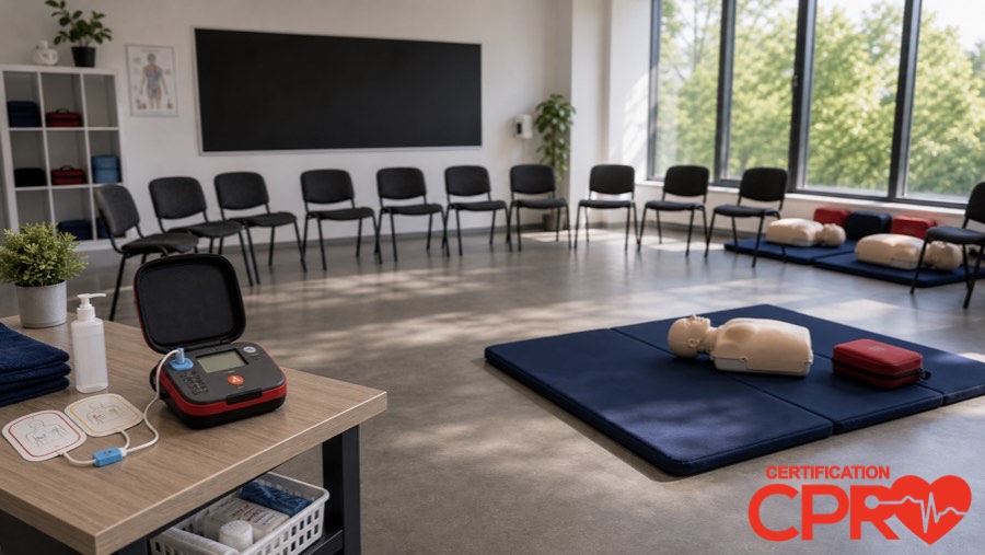 CPR classroom setup for practicing emergency response skills in Durham.