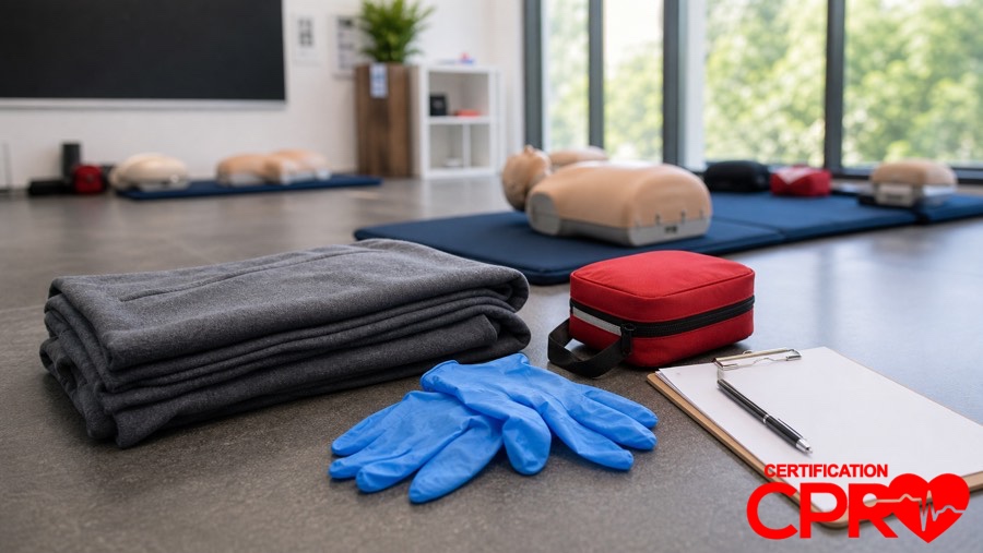 First aid training supplies for practicing seizure response in a CPR classroom in Durham.
