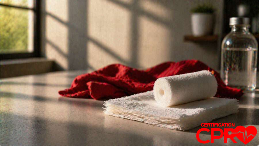 CPR certification training supplies in Durham, including a roll of gauze and first aid essentials.
