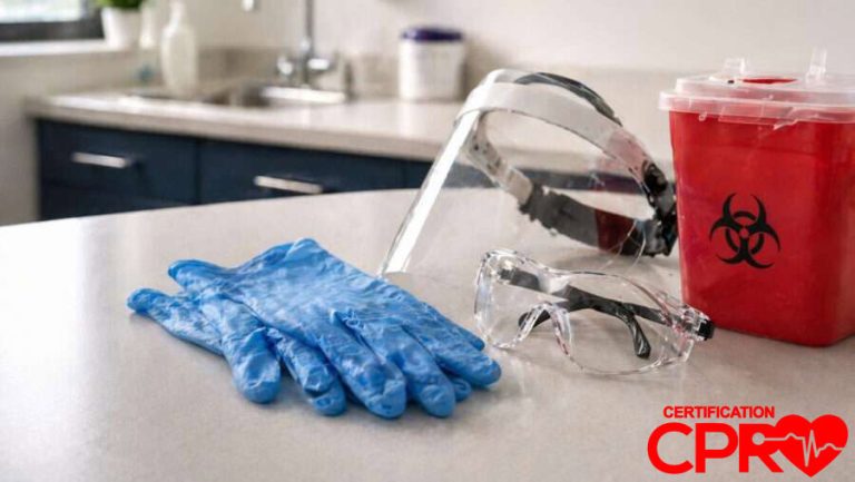 CPR training supplies including gloves, goggles, and biohazard container in Durham.