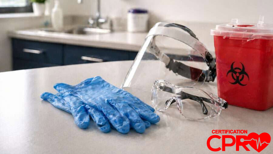 CPR training supplies including gloves, goggles, and biohazard container in Durham.