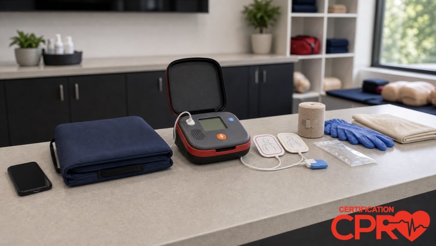 AED trainer and CPR classroom supplies for learning the Chain of Survival in Durham.